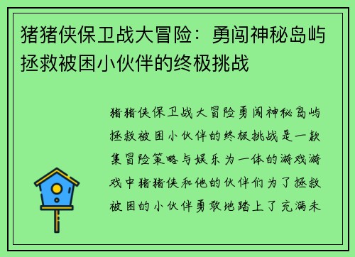 猪猪侠保卫战大冒险：勇闯神秘岛屿拯救被困小伙伴的终极挑战