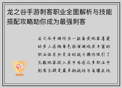龙之谷手游刺客职业全面解析与技能搭配攻略助你成为最强刺客